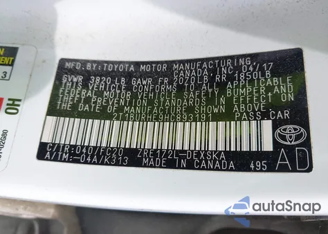 2017 Toyota Corolla Se from USA, damaged, VIN 2T1BURHE9HC893191